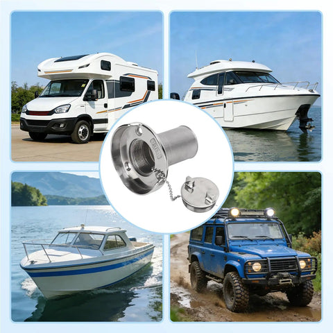 Keyless Marine Gas Cap 1-1/2 Inch For Marine Fuel Tank Filler Neck, Mirror Polished 316 Stainless Steel shown with boats and RVs