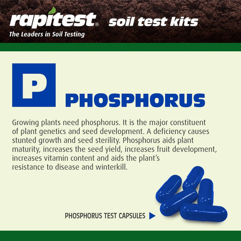 Easy At Home DIY Soil Test Kit with phosphorus capsule analysis for gardens and lawns, blue capsules shown on product description card.