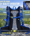 Back view of Hydration Backpack 18L With Upgraded 3L Leak-Proof Bladder For Running, Hiking, And Cycling on rock with labeled features.
