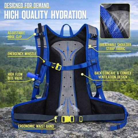 Back view of Hydration Backpack 18L With Upgraded 3L Leak-Proof Bladder For Running, Hiking, And Cycling on rock with labeled features.