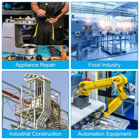 Collage showing appliance repair, food industry facility, industrial construction, and automation equipment setup.