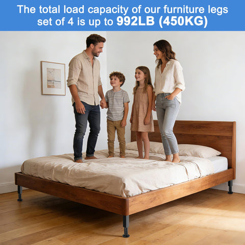 Family standing on bed with Heavy Duty Adjustable Bed Support Legs Set Of Four With Swivel Rubber Feet Non Slip Base 7 To 12 Inch Height Adjustment.
