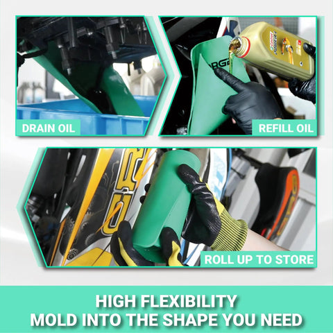Moldable Oil Funnel Draining Tool With Metal Core And Silicone Body shown draining oil, refilling, and rolling up after use