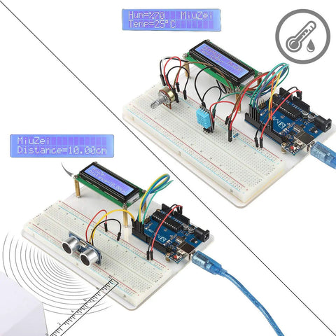 Starter Kit For Arduino Projects With Breadboard, LCD1602 Module, Jumper Wires, Sensors, and Servo components on display