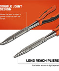 Two Piece Long Nose Pliers Set With Straight And Bent Tips, Dual Material Grips, Long Reach Design, Double Joint Feature