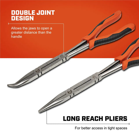 Two Piece Long Nose Pliers Set With Straight And Bent Tips, Dual Material Grips, Long Reach Design, Double Joint Feature