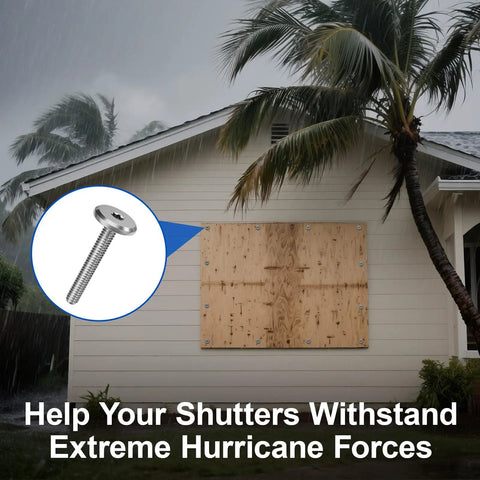 Tough As Nails Combo Sidewalk Screw And Bolt Kit In 1/4 By 1/2 Inch Low Profile fastener securing plywood for hurricane protection.