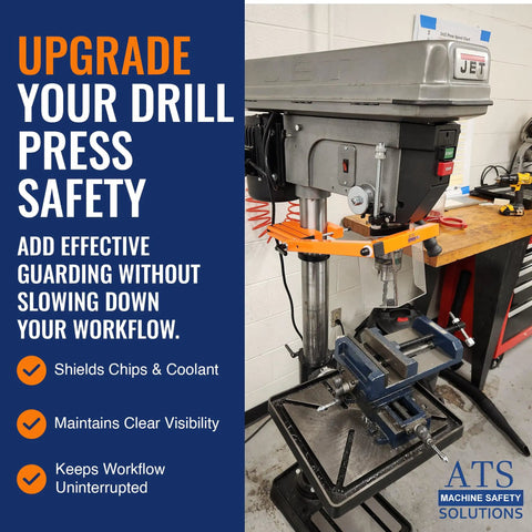 Drill Press Guard For 2 To 4 Inch Round Columns OSHA Compliant Safety Shield Boss Level Protection With Billet Aluminum Clamp Aluminum Extrusion Frame And Lexan Made In USA Easy Install For Bench Top And Floor Model