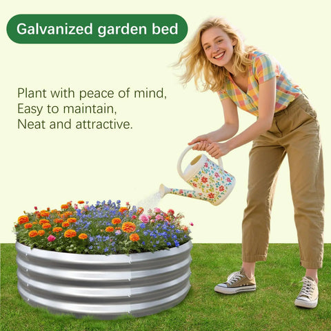 Woman watering colorful flowers in a galvanized garden bed kit for vegetables herbs and flowers raised planter box outdoor