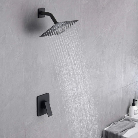 Matte Black Shower Faucet Set With 8 Inch Rain Shower Head, Single Handle Trim Kit And Rough In Valve, mounted on tile wall