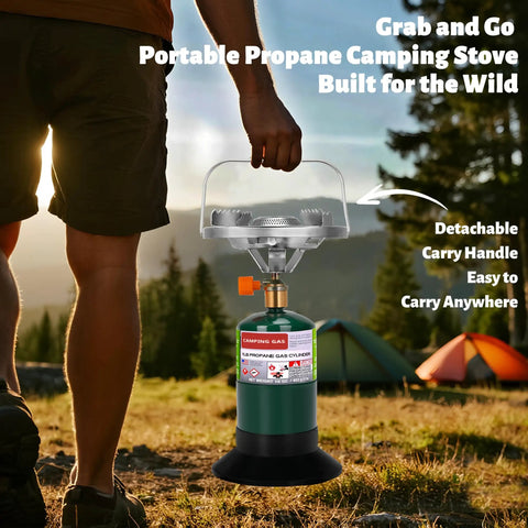 Propane Camping Stove Portable Backpacking Stove With Adjustable Burner For Stable Outdoor Cooking While Hiking Tailgatin And Grillin Single Burner Propane Stove Fuel Not Included Easy Setup next to hiker