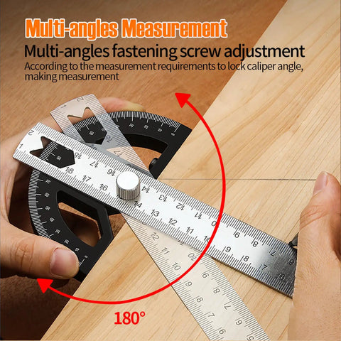 Heavy Duty Eight Inch Stainless Steel Angle Finder With 0 To 180 Degree Adjustable Protractor Ruler And Thumb Lock measuring angles.
