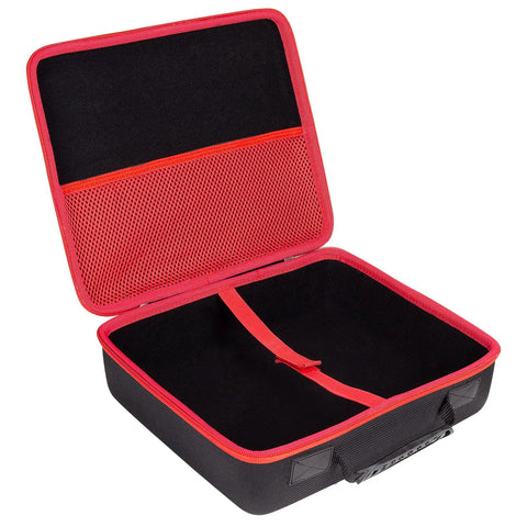 Open view of Beefy Rugged Hard Storage Case for Craftsman V20 Cordless Drill Kit with black velvet interior and red mesh pocket.
