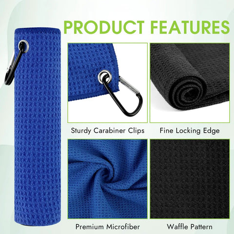 Product features of Three Pack Microfiber Golf Towels 16x16 Inches with Waffle Texture including carabiner clip and material close-ups