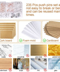 235 Piece Push Pin And Thumb Tack Assortment Kit With Clear Clips showing materials like cork board and foam mold for notice boards.