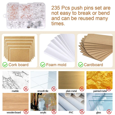 235 Piece Push Pin And Thumb Tack Assortment Kit With Clear Clips showing materials like cork board and foam mold for notice boards.
