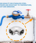 Two Pack Three Quarter Inch NPT Female to Female 90 Degree Stainless Steel Pipe Elbow Fittings with water piping setup.