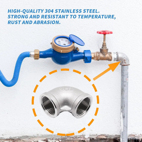 Two Pack Three Quarter Inch NPT Female to Female 90 Degree Stainless Steel Pipe Elbow Fittings with water piping setup.
