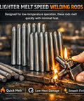 Low Temperature Welding Rod Set 12 Pieces Easy Melt For Quick Fixes, Multi Metal Repair Kit in use with lighter demonstrating melt speed