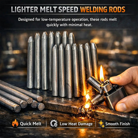 Low Temperature Welding Rod Set 12 Pieces Easy Melt For Quick Fixes, Multi Metal Repair Kit in use with lighter demonstrating melt speed