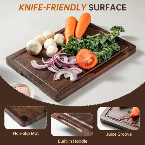 Heavy Duty End Grain Walnut Cutting Board Set Premium Wood Chopping Block For Kitchen Cooking Food Prep with veggies and juice groove.