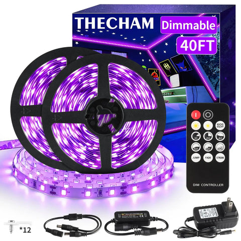 40Ft Black Light Strip With Remote, 720 LED Beads, 12V Flexible Glow Party Lighting, coiled with accessories and packaging