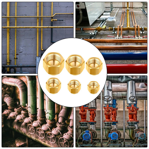 Six Gisafai brass pipe caps for 1/4–3/4 in OD gas-line tubes; compression fittings