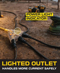 Heavy Duty 25 Foot Lighted Outdoor Extension Cord With 3 Outlets, 12/3 SJTW Yellow Extension Cable in use with tools
