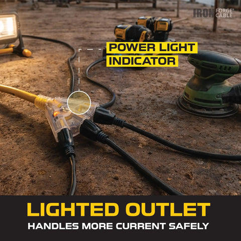 Beefy Heavy Duty 50 Foot Lighted Outdoor Extension Cord with 3 Outlets, 12/3 SJTW Yellow Cable in use on a worksite.