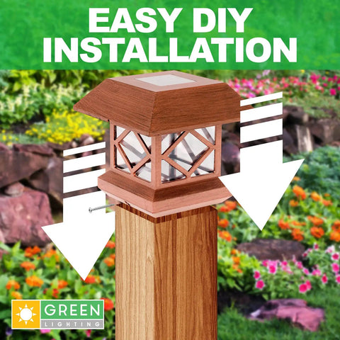 Outdoor Solar Post Cap Lights For 4x4 Wood Posts Brushed Copper Finish 12 Pack mounted on post with garden backdrop