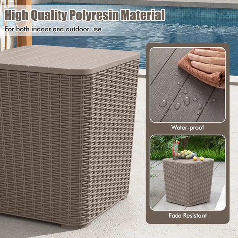 Polyresin 11.5 Gallon Waterproof Deck Box With Removable Lid And Faux Rattan Side Table For Outdoor Patio Storage