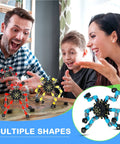 Family playing with Transformable Fidget Spinner Set Of 20 Pieces With Dope Sensory Chain Robots on table, smiling