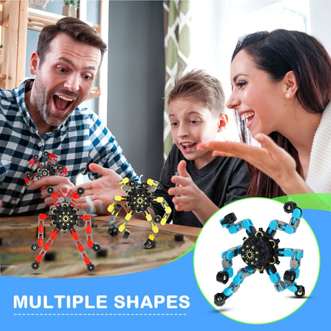 Family playing with Transformable Fidget Spinner Set Of 20 Pieces With Dope Sensory Chain Robots on table, smiling