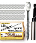 Heavy Duty Zinc Plated Eye Lag Wood Screws paired with a Quick Install Driver Bit Kit featuring 121 screws and a tool in a box.