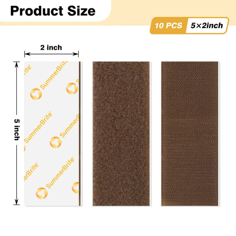 Brown 2 X 5 Inch Heavy Duty Hook And Loop Strips With Sticky Back Adhesive Mounting Tape For Furniture Cabinets And Wood Surfaces shown from different angles.