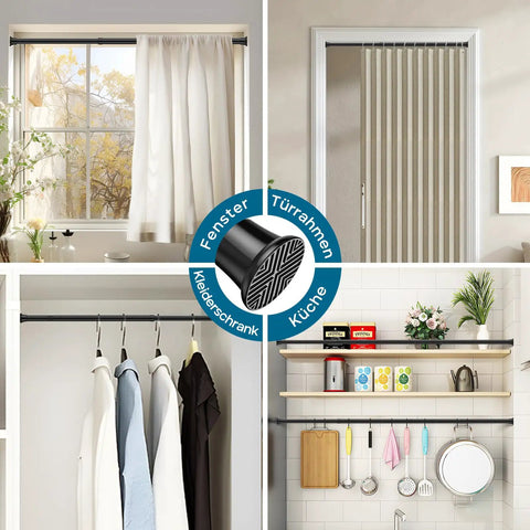 Adjustable Black Tension Curtain Rod 24 To 46 Inches No Drilling Easy Install Stainless Steel Spring Rod For Windows Kitchen Closet And Doorways Great For Quick Tension Mount And Secure Hold shown in use for curtains and clothes.