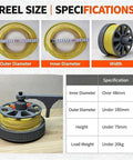 Slick Tangle Free Cable Dispenser specifications showing reel sizes for outer and inner diameters, used for cable management.