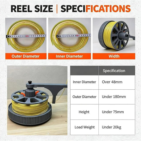 Slick Tangle Free Cable Dispenser specifications showing reel sizes for outer and inner diameters, used for cable management.