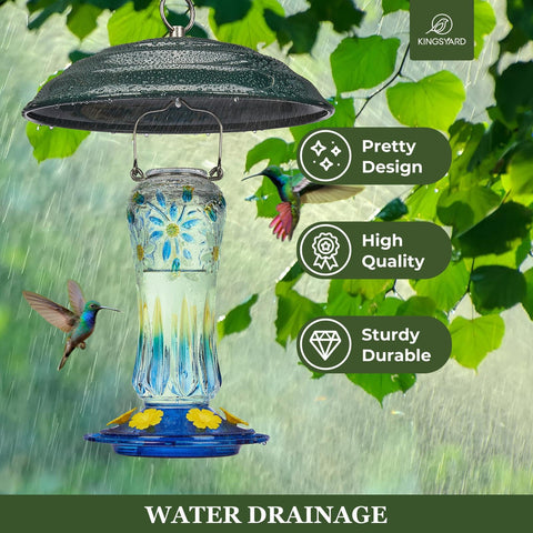 Heavy Duty Metal Weather Shield Dome For Outdoor Bird Feeders, Hanging Squirrel Baffle Rain Guard in use over glass feeder.
