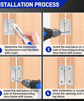 Installation guide for two inch stainless steel door hinges set of 6, showing steps with tools and hinges on wooden door.