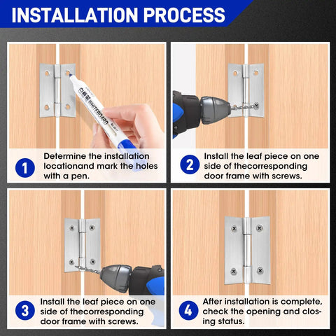 Installation guide for two inch stainless steel door hinges set of 6, showing steps with tools and hinges on wooden door.