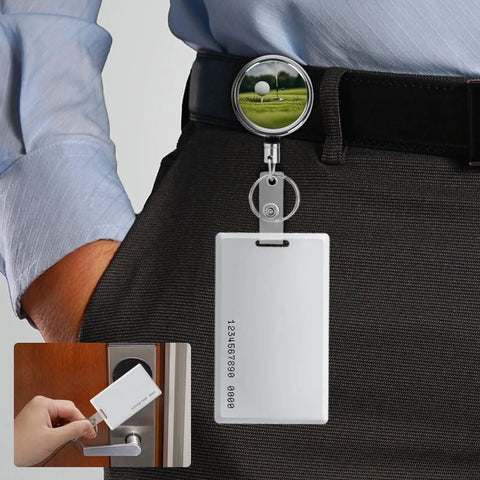 Heavy Duty Metal Badge Reel With 360 Degree Swivel And Secure Belt Clip, stainless steel ID holder on a belt.