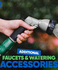 Person using garden hose nozzle for watering with additional faucets accessories.
