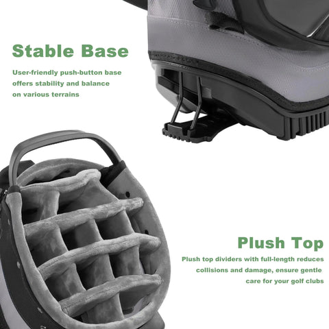 14 Way Full Dividers All Terrain Golf Stand Bag With 10 Pockets Insulated Cooler And Interchangeable Straps showing stable base and plush top