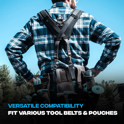 Back view of man wearing oil tanned leather tool belt suspenders for men with heavy duty padded support and adjustable chest strap.