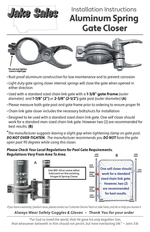 Installation instructions for aluminum spring durable chain link gate closer with spring loaded for 1.38 inch gate frame and 2.38 inch post.