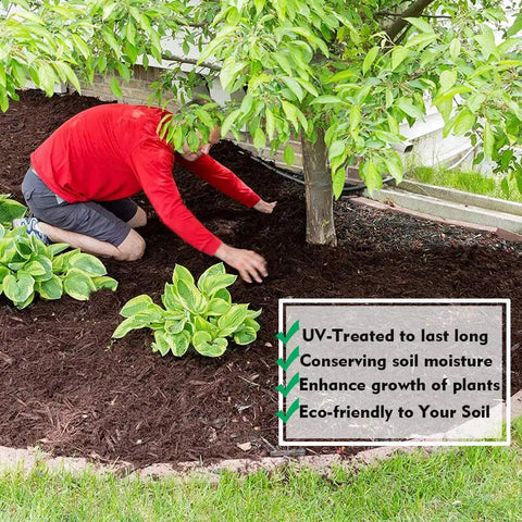 Person installing Pro Weed Barrier Landscape Fabric Ground Cover Heavy Duty Pro Grade Weave Gardening Mat around plants.