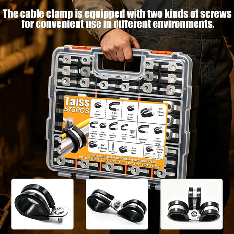 Person holding 575 Piece Stainless Steel Cable Clamps Kit With Rubber Cushions And Screws Washers And Bit 12 Sizes P Clamp Set