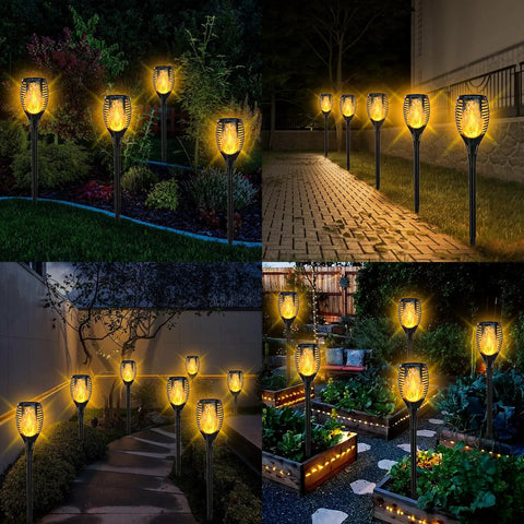 7 Pack Solar Torch Lights With Flickering Flame For Realistic Look, Large Size Garden Decor for pathways and yards at night.