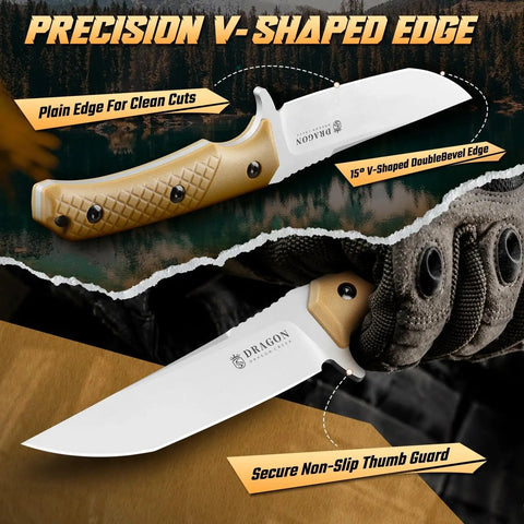 Beefy Fixed Blade Survival Knife With Khaki Full Tang Handle And Adjustable Sheath For Camping And Hiking Rugged Outdoor Gear